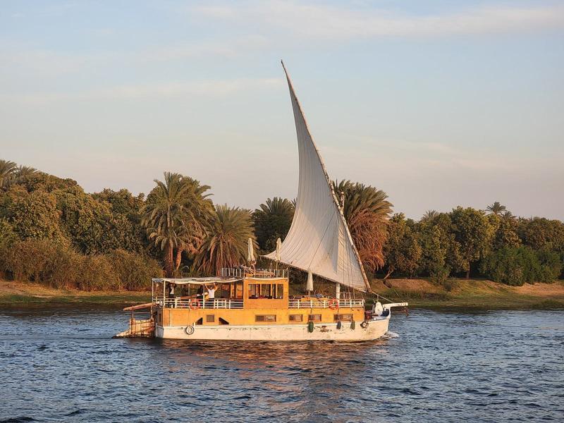 A dahabiya under sail on the Nile, with palm trees on the bank behind