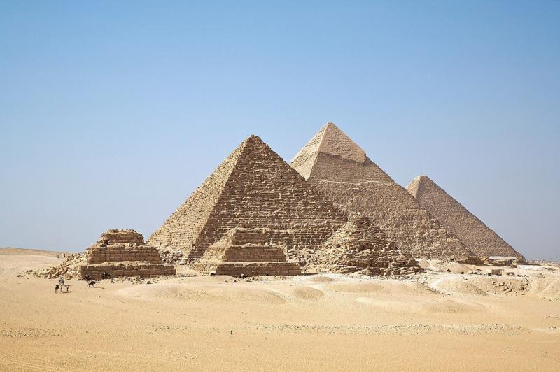The three Giza pyramids, with the small queens' pyramids of Menkaure in front