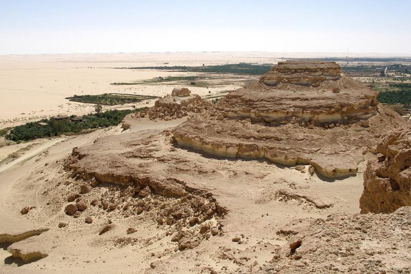 Eroded rock outcrops and palm groves at the edge of Siwa oasis