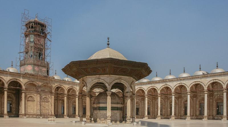 Courtyard of the Mosque of Muhammad Ali at the Cairo Citadel, with its ablution fountain and clock tower